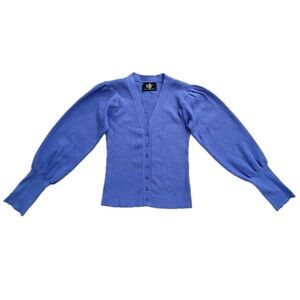 Blue V-Neck Button Front Puff Sleeve Sweater. Size S